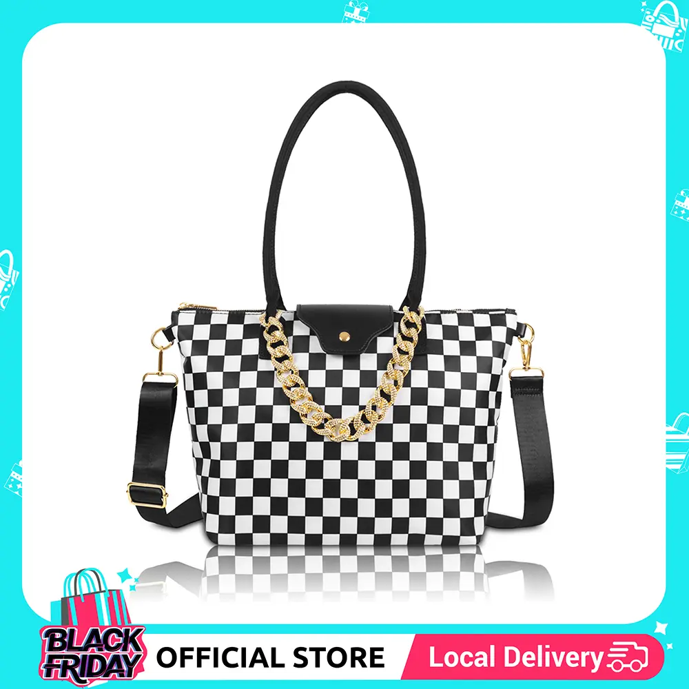 Women's Checkered-Plaid Chain Crossbody Bag - Lightweight Tote with Zipper Closure, Shoulder Straps, Elegant Minimalist Stylish Versatile Handbag for Women, Chain Crossbody Bags, Stylish Versatile Bag