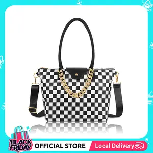 Black & White Checkered Crossbody Bag Lightweight Tote bag with Zip Closure Shoulder Strap & Chain Minimalist Daily Purse Stylish Practical Design