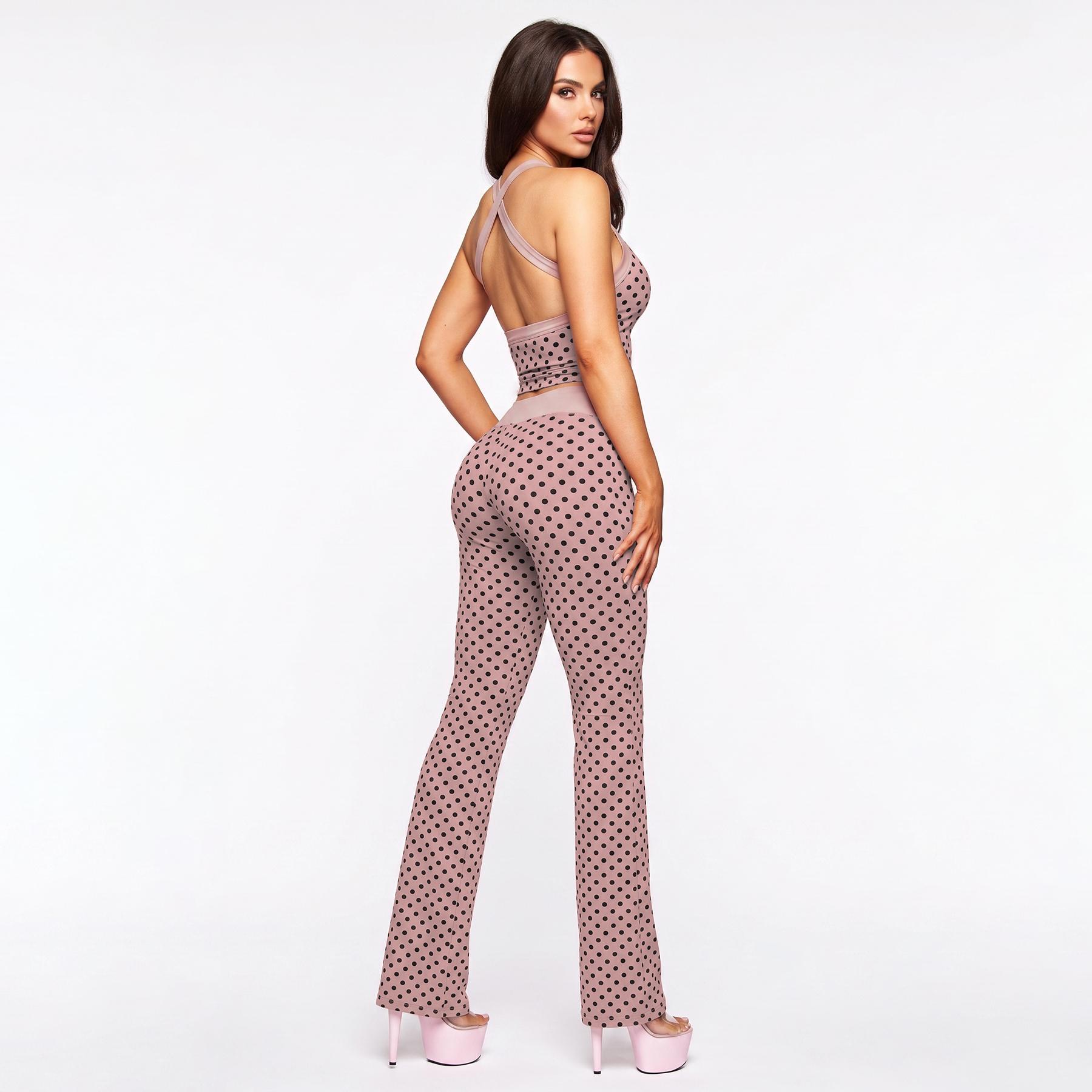 NVWA Matching Sets Women Polka Dot Halter Crop Top and Flare Pants 2 Piece Outfits Backless Criss Cross Bodycon Slim Fit Going Out Set High Waist Bell Bottom Trousers Y2K Party Club Wear Casual Outfit tiktokshopbacktoschool, Spandex, Lady