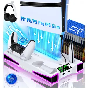 ESYWEN Kawaye PS5 Stand Cooling Station for PS5/Pro/Slim Console, PS5 Accessories Vertical Stand with 2.36in Large P5 Fan Cooling Fan, Colorful Light, Dual Controller Charger, Headset Holder, 3 Charger Port