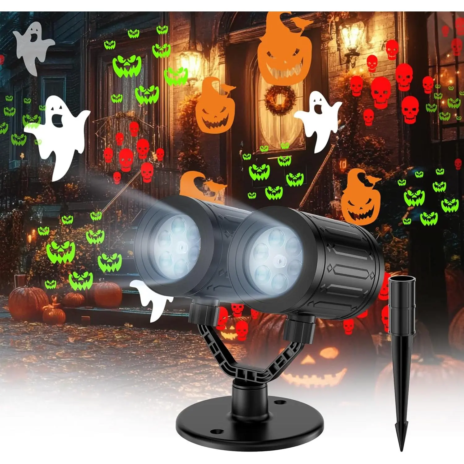 Double  Halloween Projector Lights Outdoor with Timer,IP65  Dynamic Halloween Ghost Skeleton Pumpkin Devil  Lights for  Window Wall Decor