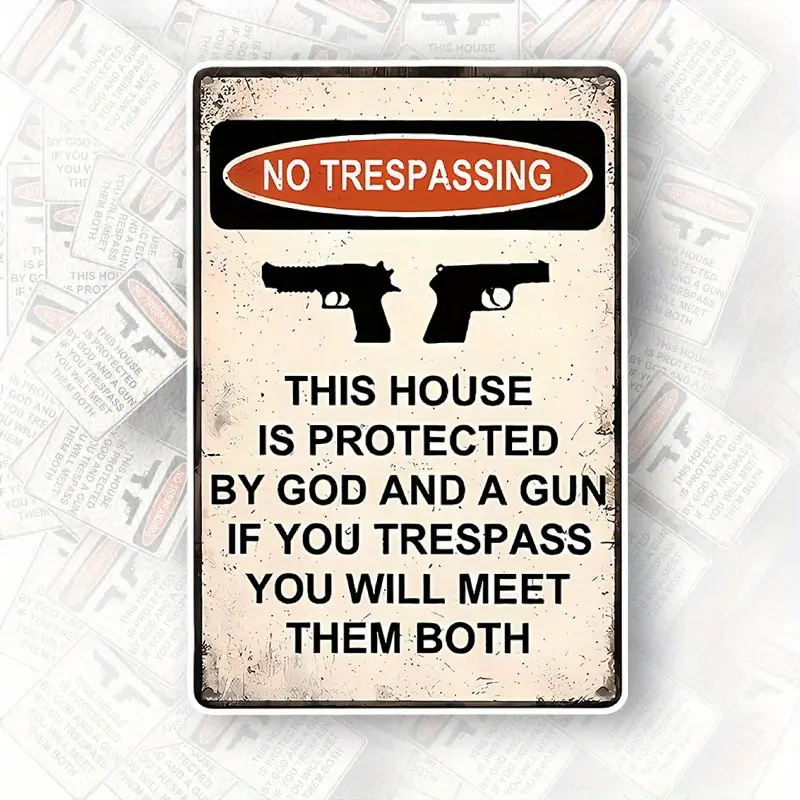 ALLENG 7.5in Tin No Trespassing Sign Set - Durable PVC Speciality Plaques & Signs, God & Gun Deterrent Warning, Humorous Wall Decoration, Second Amendment Gift for Dads