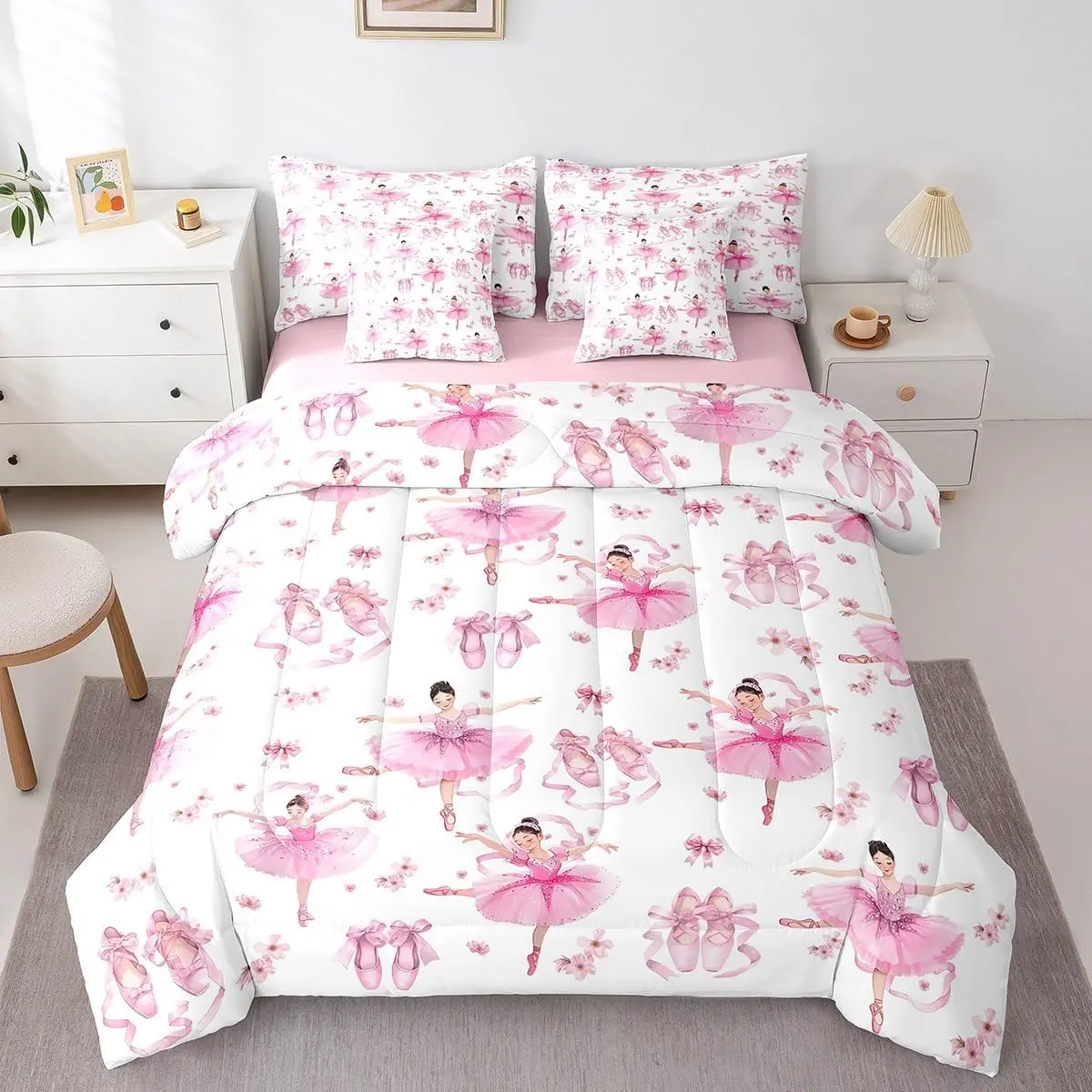 Feelyou 7-Piece Ballerina Bedding Sets Collection - Pink Floral Print Quilt, Ballerina Motif, Ballet Shoes Bowknot Blanket, Gentle Soft Bedsheet Sets, Breathable Durable Linens, Multi-Size for Teens, Cozy Setup