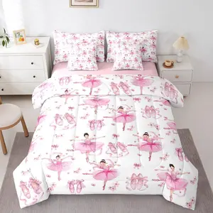 Feelyou 7-Piece Pink Ballerina Bed-in-A-Bag Bedding Set - Floral Print Quilt, Dance Motif, Ballet Shoes Bowknot Comforter, Breathable Soft Printed Blanket, Sheets, Multi-Size for Teens