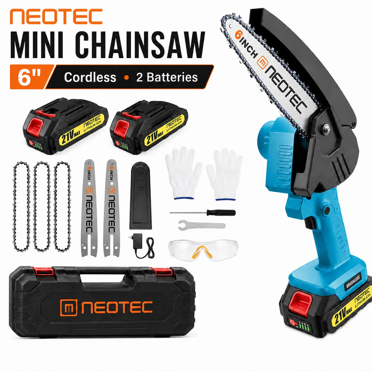 NEOTEC 6-Inch Cordless Mini Chainsaw, 800W Handheld Electric Chain Saw with 2×2000mAh Batteries, Lightweight 1-Hand Portable Design for Tree Trimming & Wood Cutting, Includes 3 Chains & 2 Bars