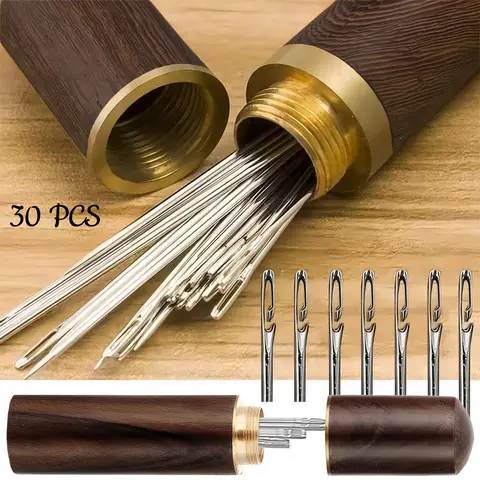 30pcs Self-Threading Needle Set - Multi-purpose Household Hand Sewing Needle with Wooden Needle Case, Big Eye Design for Blind Stitching, Invisible Repairs & Comfortable Hand Sewing