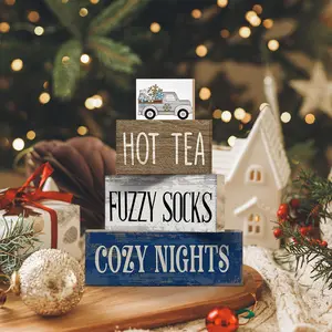4 pcs Christmas Table Centerpiece Rustic Decorative, Tiered Tray Decor, Nativity Scene Wooden Decoration, Funny Gingerbread Christmas Sign, Block Signs Gift Farmhouse Winter Table Decoration for Home Kitchen