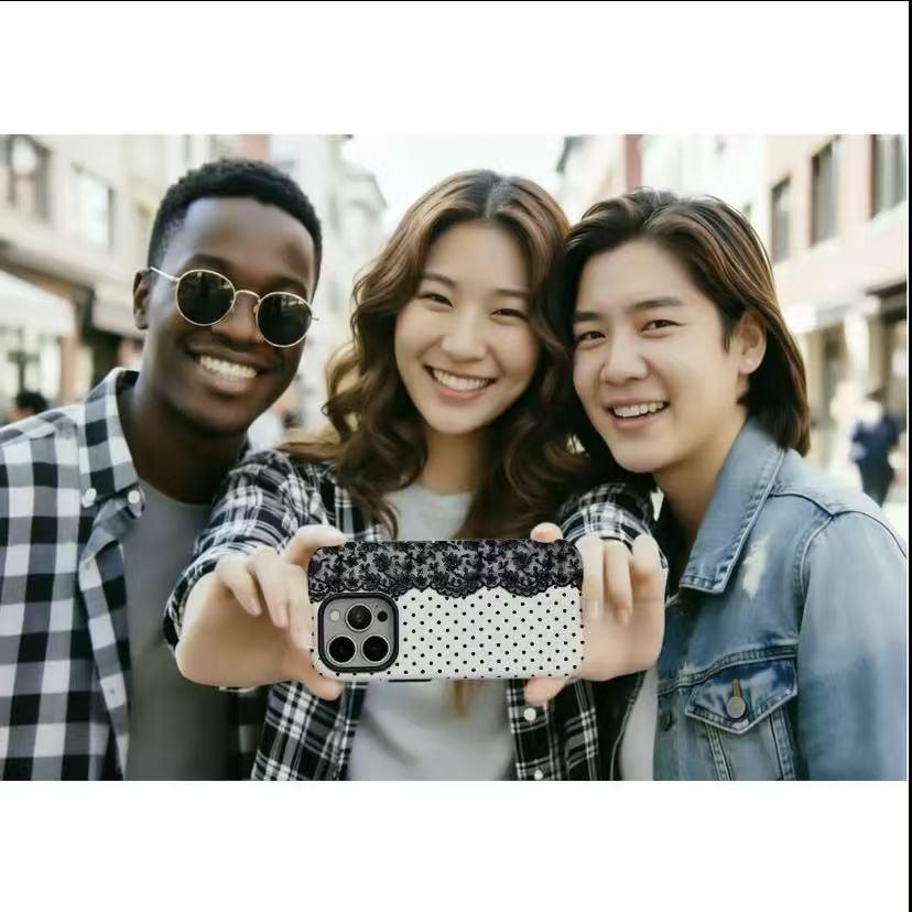 Black Polka Dot Lace Print Pattern Phone Case IMilitary-grade Shockproof Protection, Compatiblewith iPhone 17 Pro Max 16 15 14 13 12 11 X Plus/Pro & Samsung Galaxy I Affordable ToughAnxiety Phone Case for Girls