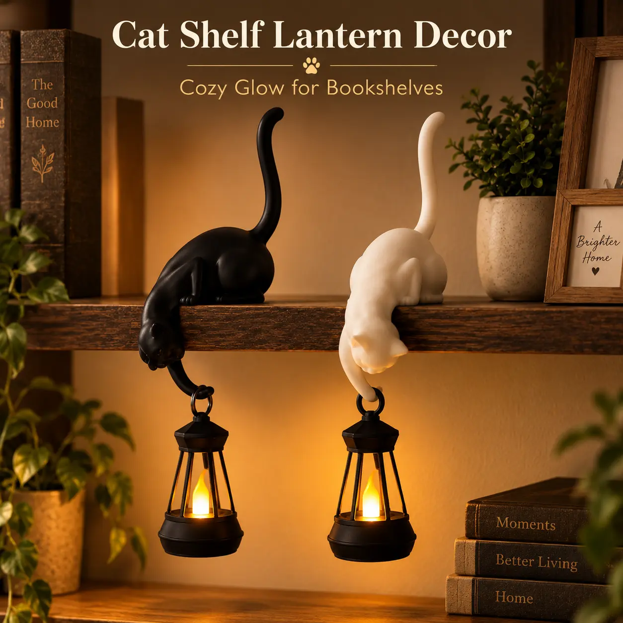 Cat Shelf Sitter Lantern Decor, Hanging Cat with Warm LED Light, Black or White Bookshelf Accent for Book Lovers, Cozy Reading Nook, Home Library & Unique Gifts