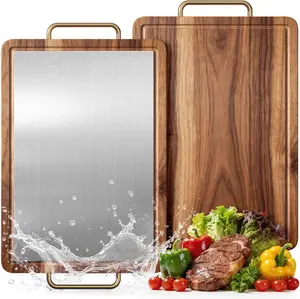 Titanium Cutting Boards for Kitchen, Reversible Acacia Wood Cutting Board, Metal Cutting Boards with Juice Groove and Handle, Versatile Board for Meat and Vegetables Chopping Knives Stainless Steel Wooden