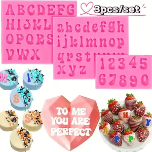 3-Piece Silicone Heart Shaped Molds Set, Flexible Reusable Letter & Number Molding Candy Making Tools, Chocolate Cake Decorating Kit, Silicone Cake Pan, Kitchen Baking Accessories