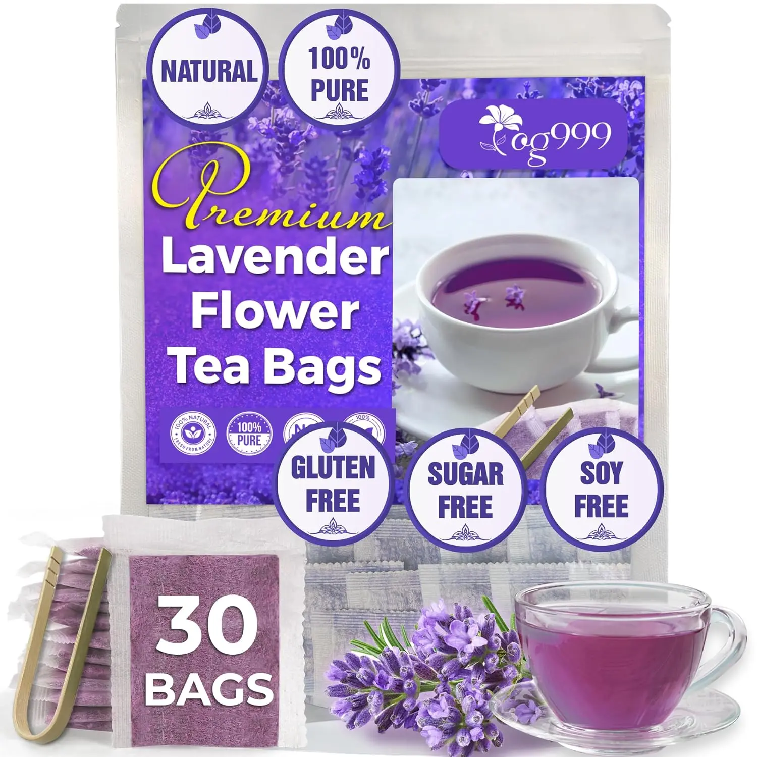Lavender Flower Tea, 30 count, 100% Natural & Pure from Lavender Flowers. Loose Flower Lavender Herbal Tea. Lavender Flower Tea Bags. Biodegradable Tea Bags, No Sugar, No Caffeine, No Gluten, Vegan. Beverage
