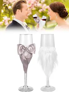 2-piece set wedding champagne glasses, Premium drinking glasses, Groom suit bow tie, Bride feather lace wedding dress, newlyweds toasting glasses, Reusable transparent champagne glasses Suitable for weddings, anniversary gifts
