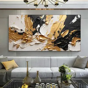 1 piece canvas painting with wood frame, modern abstract canvas wall art with black, white, gold and beige brushstrokes - simple living room and bedroom decor, large canvas wall art for decorating room, living room, office, etc