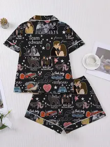 Twilight Printed Couple Women's Pajama Set, Short Sleeve Button-Up Soft Top and Loose Elastic Shorts, Casual Home Wear Loungewear