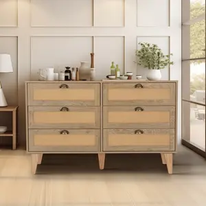 PHI VILLA Rattan 6 Drawers Dresser 31.5" Wide Modern Chest of Drawers Storage Organizer for Bedroom, Living Room, Hallway, Solid Wood Legs Cupboard Aesthetic