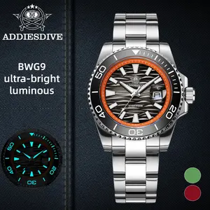 ADDIESDIVE Dive Watches Men's Watch - 41mm Stainless Steel Watch 200m Waterproof BGW9 Luminous Ceramic Bezel Wave Textured Dial With Calendar