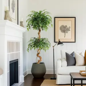 5FT Realistic Artificial Ficus Tree, Curved Trunk Lush Green Faux Plant with White Planter, Low Maintenance Decorative Indoor Tree for Living Room Office Home Decor