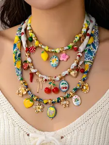 Bohemian Boho Scarf & Necklace Set, Ceramic Handmade, Random Colors Shapes, Summer Fruits Design, Ideal for Vacations