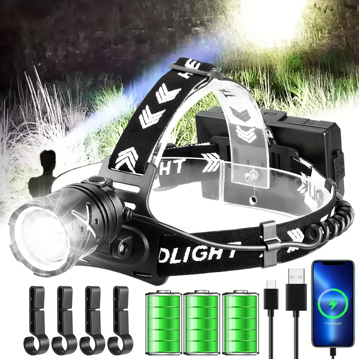 High Lumen Rechargeable LED Headlamp - 90000 Lumens High Power Torch, 40H Long-Lasting Battery, 3 Modes, 90° Adjustable, Waterproof, Zoomable Strong Light, Rechargeable Emergency Worklight with Charging Cable for Camping, Cycling