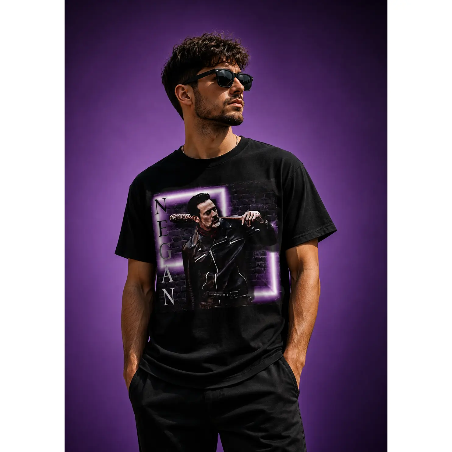 Men's Negan Villain Graphic T-Shirt, Vintage Heavyweight Cotton Fabric, Relaxed Fit Round Neck Short-Sleeve Streetwear Top, Front & Back Print, Casual Fashion Menswear