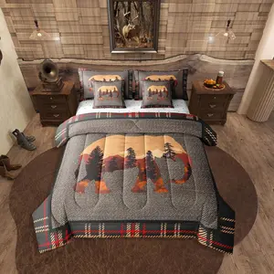 Elephant 7 Piece Comforter Set,Country Western Farmhouse Bed in a Bag for Teens Kids Boys Girls,Nature Wild Animals Bedding Set,Orange Grey Plaid Grid Checkered Flat Fitted Sheet