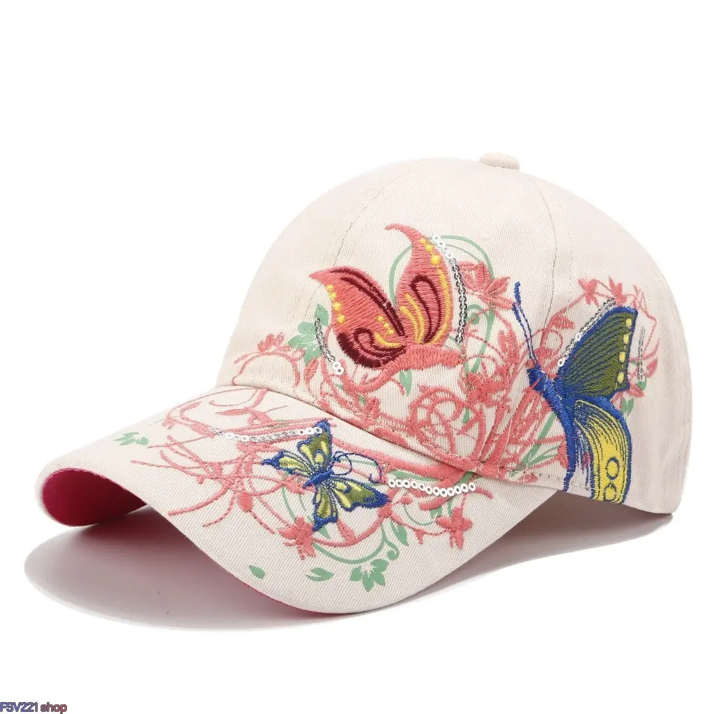 Women's Washed Cotton Dad Hat - Female Adjustable Baseball Cap with Butterfly Embroidery, Retro Look, Sun Protection, Breathable, 55-60cm Circumference for Daily Sports & Travel, Camping Essential