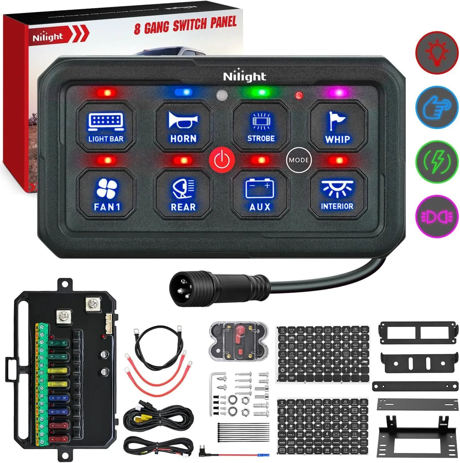 Nilight 8-Gang Waterproof Car Switch Panel, 12V-24V 1440W Compact Universal Automotive Electrical Accessory, Blue Circuit Control Relay System, Includes Kit, Toggle/Momentary/Strobe Modes, Auto Dimmer for Trucks, Car Lighting Accessories, Camping Use