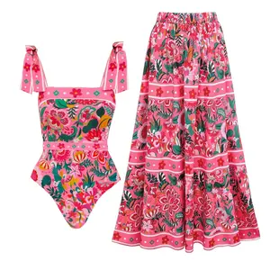 FLAXMAKER Women's Pink Floral Paradise Print Tie Shoulder One Piece Swimsuit and Cover Skirt Set Swimdress Bathing Suit Beachwear