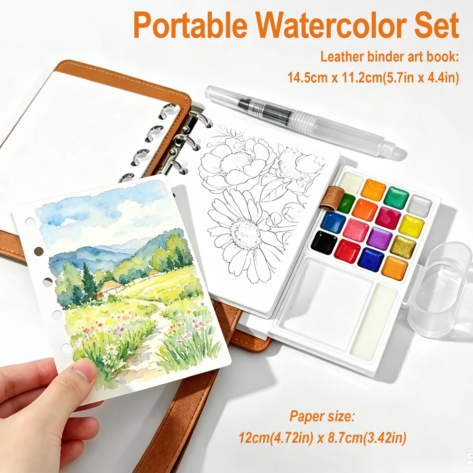 Portable Watercolor Sketchbook Set | 16-Color Travel Watercolor Kit (8 Matte & 8 Shimmer), 30 Sheets Cotton Paper, Detachable Palette, Water Cup & Water Brush
