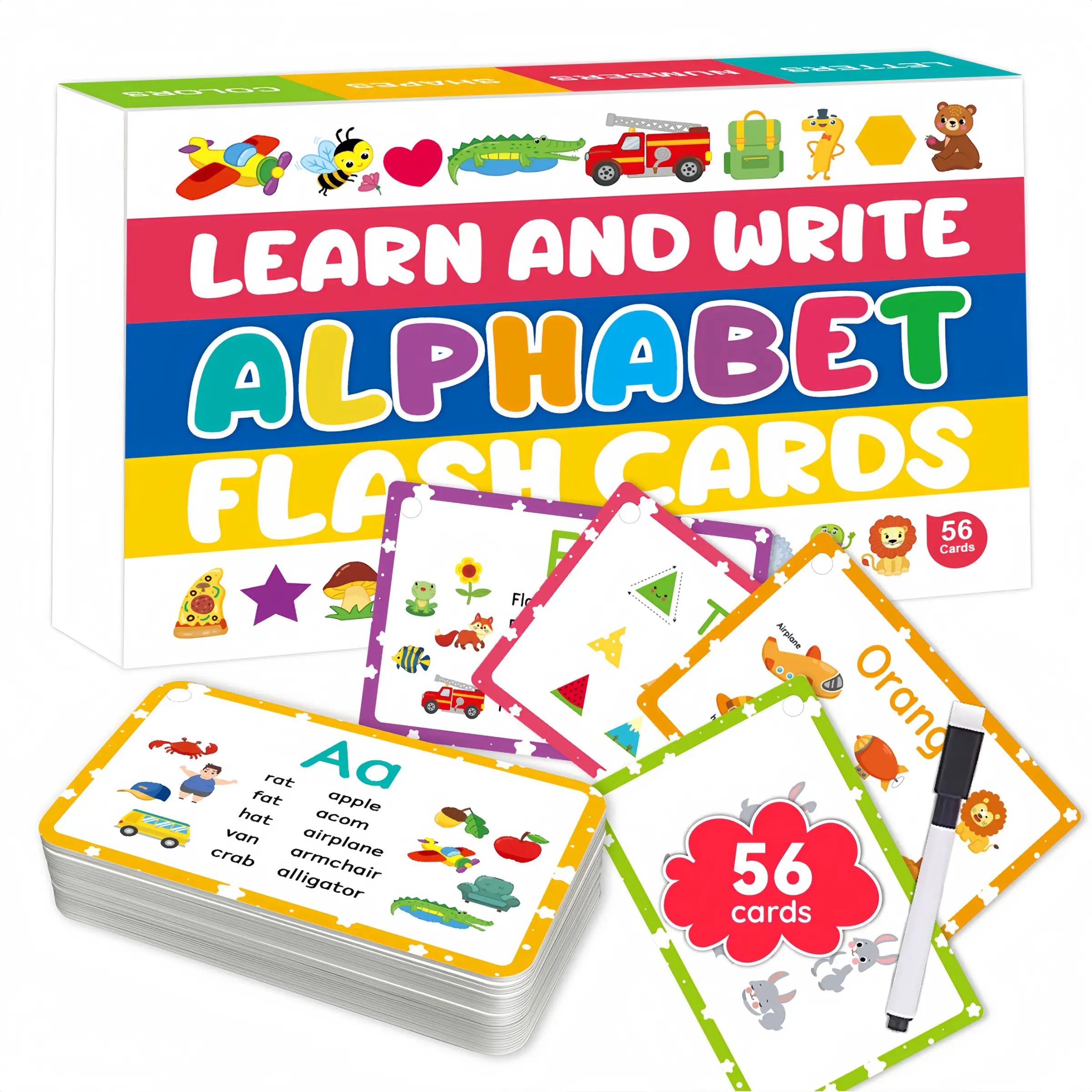 Letter Number Shape Color Cognitive Teaching Aids, Learning Materials, Early Education Learning Cards with Whiteboard Pens, Reusable Waterproof, Suitable for Toddlers, Homeschool Supplies