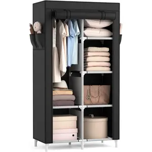 Portable Closet Wardrobe Closet for Hanging Clothes with 6 Storage Shelves, 1 Hanging Rod and 4 Pockets, Free Standing Closet Clothes Organizer for Bedroom, Sturdy and Easy Assemble