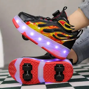 Children's Flashing Double Roller Skate Shoes with Wing Design, Automatic Retractable Wheels, Wear-resistant Upper, Suitable for Teenagers, Students, and Beginners, Trendy Outdoor Roller Shoes