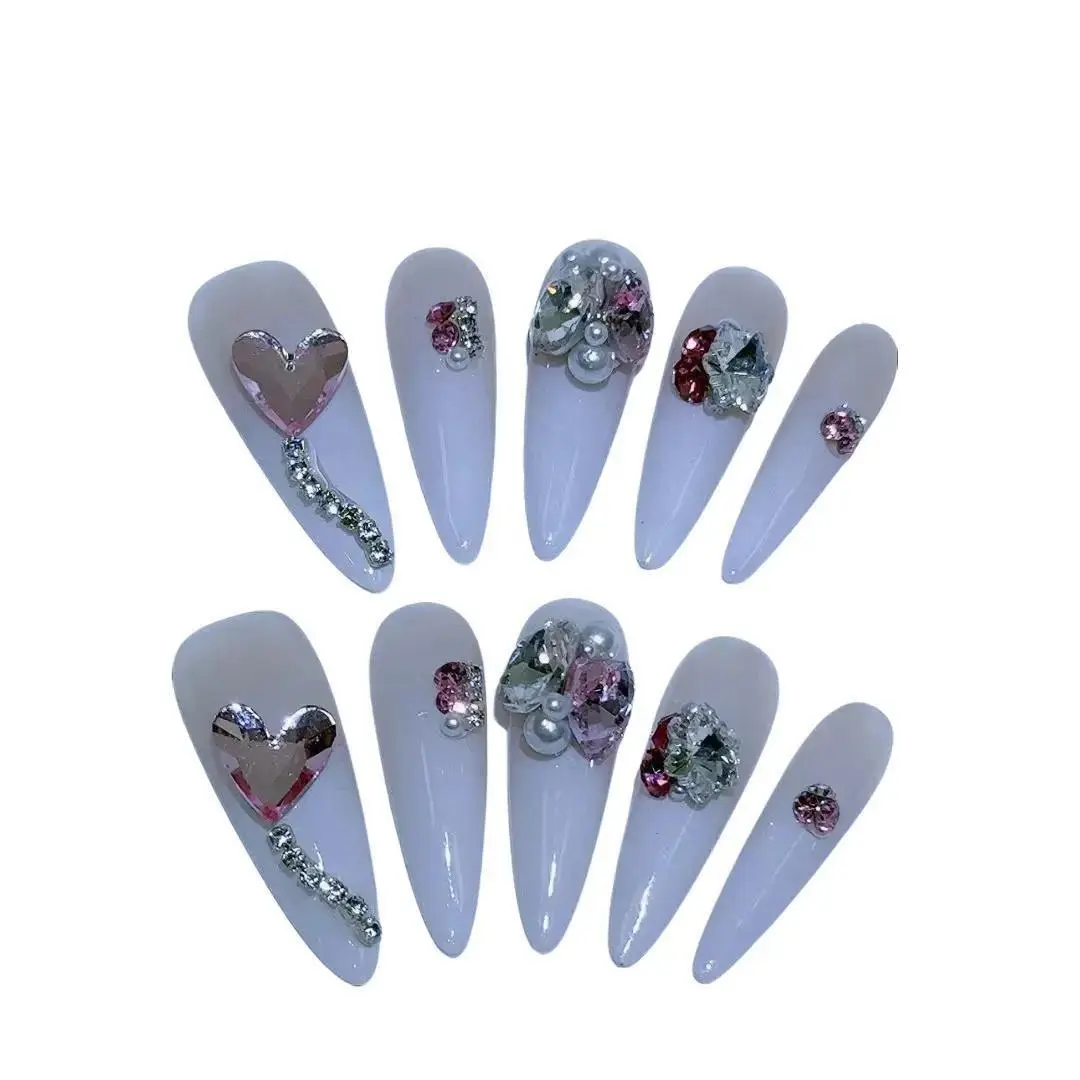 Hand-worn nail White Moonlight Love gradient diamond ball nail art removable nails Rhinestone Glue nail square shape almond press