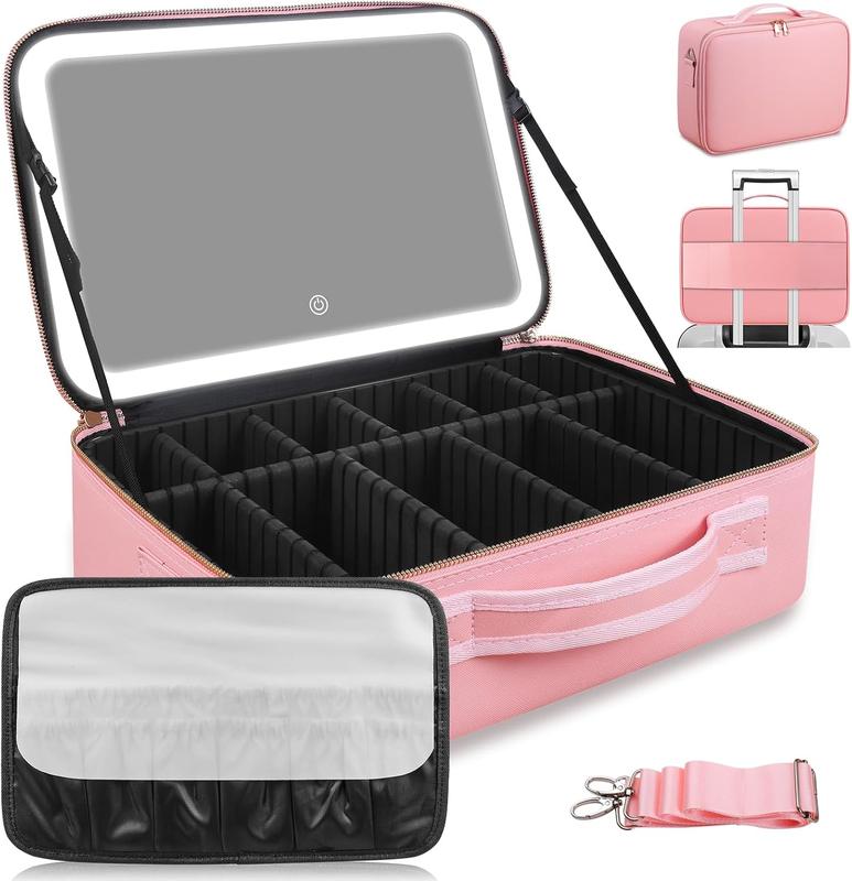 15''X11'' Large Capacity Makeup Bag with LED Mirror, Professional Makeup Case Organizer with 3 Color Light Adjustable Brightness, Travel Make up Cosmetic Case with Detachable Dividers & Shoulder Strapgongsi huizhoushihuangdoukejiyouxiangongsi