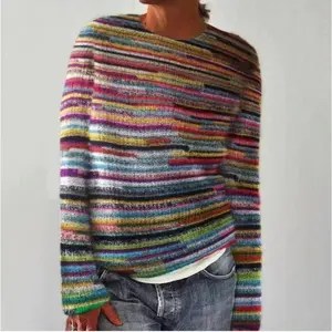 Women's Rainbow Color Striped Pullover Sweater - Casual Loose Fit Long Sleeve Knitwear Crewneck Knitwear Womenswear