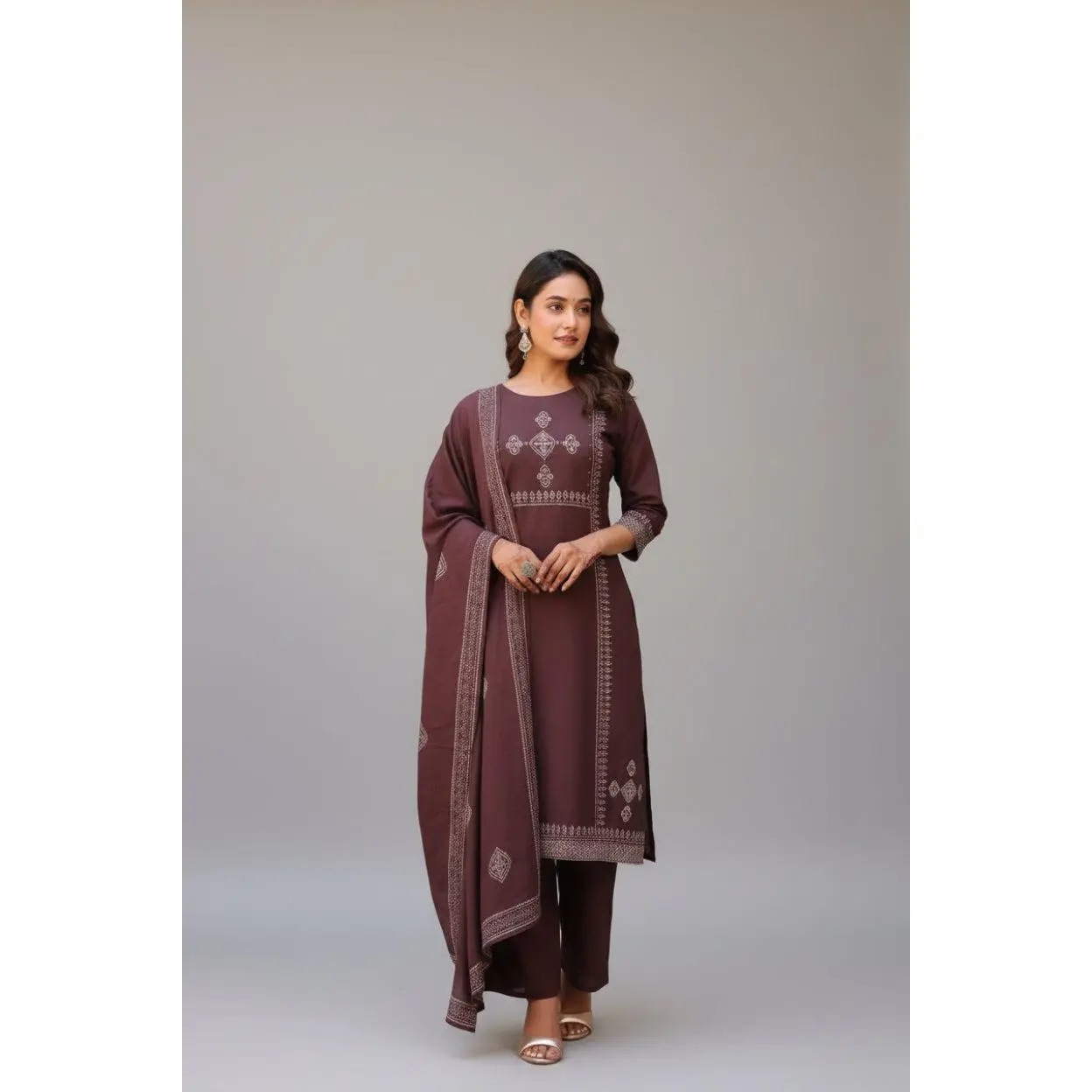 Women's Chocolate Brown Straight Kurta Set Traditional Indian Wear