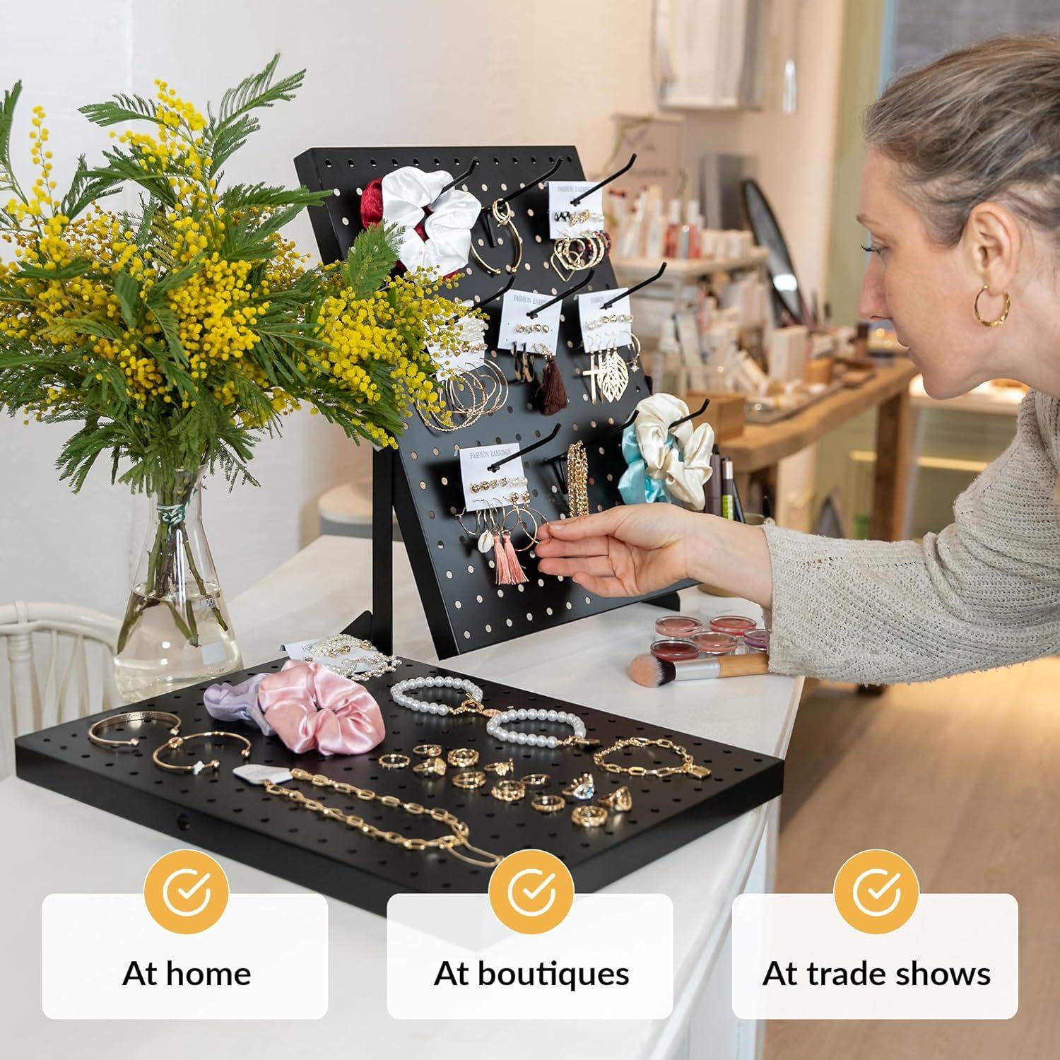 Metal Pegboard Jewelry Organizer Stand, Freestanding Earring Necklace Display Rack with Hooks, Jewelry Storage Holder for Earrings, Necklaces, Bracelets, Scrunchies, Retail Display & Home Use