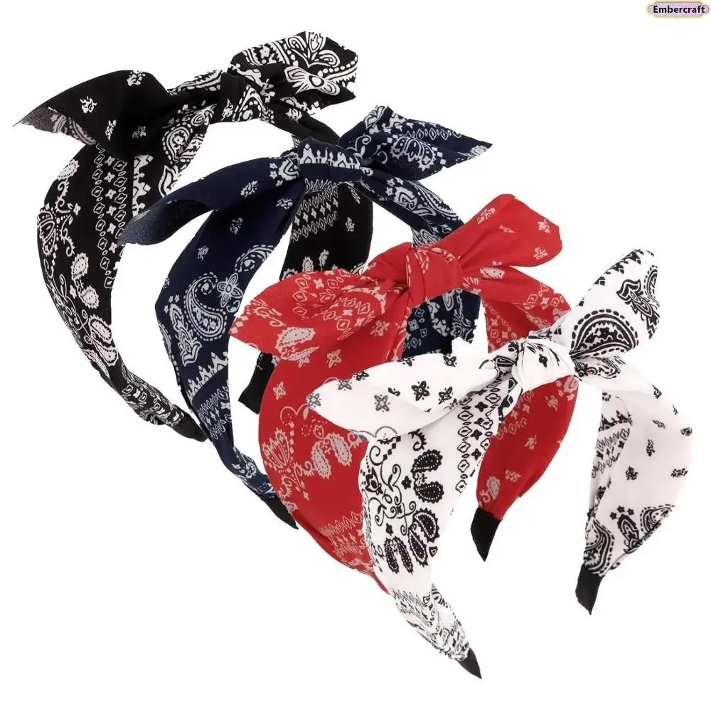 Women's 4PCS Stretchy Paisley Knot Headbands - Boho Wide Bandana Hair Wraps with Cute Bows, Female Plain Y2K Hair Accessories for Festival, Birthday & Everyday Outfits