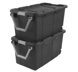 Sterilite Extra-Large Wheeled Industrial Storage Bin, 40 Gallon Durable Plastic Storage Tote with Latching Lid and Pull Handle, Dark Gray, 2 Pack