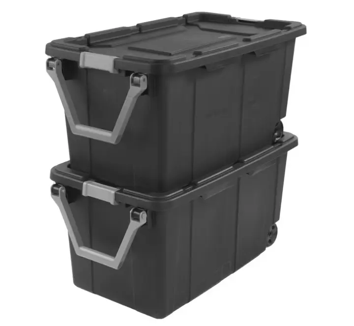 Sterilite Extra-Large Wheeled Industrial Storage Bin, 40 Gallon Durable Plastic Storage Tote with Latching Lid and Pull Handle, Dark Gray, 2 Pack