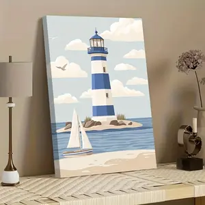 1 piece of 2D flat high-definition print, blue and white lighthouse sailboat decorative painting, framed canvas painting and poster, ready to hang, home decoration, wall art, room decoration, ideal gift for living room, bedroom, dining room, office decora