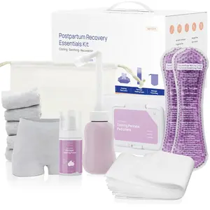 Postpartum Essentials Recovery Kit: Labor Delivery Post Partum 7 Pack Recovery Mom Care Set - Upside Down Peri Bottle |   XL Disposable Underwear |   Soothing Pads |   Perineal Healing Foam |   Canvas Bag