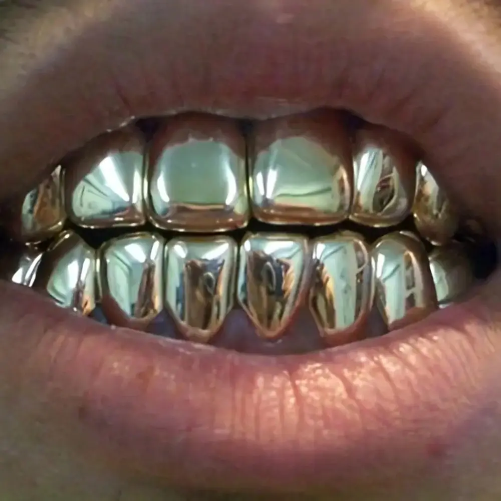 THATBOY Cosmetic 2-Piece Hip-Hop Teeth Grillz Set, 18 Karat Gold Plated Multicolor, 6-Top & 6-Bottom Braces, Copper Base, No Mosaic, Bling Fashion Costume Body Jewelry Accessory