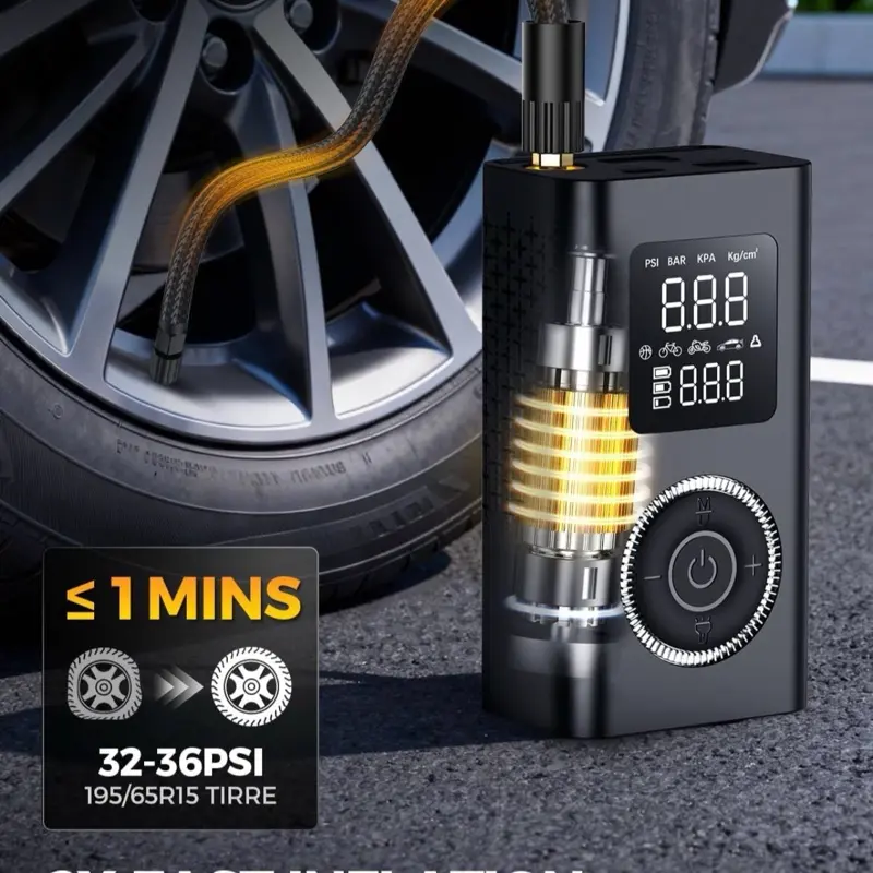 Tire Inflator - 32-36PSI, 195/65R15 Tire, ≤1 MINS, Digital Display, Fast Inflation, Portable, Black