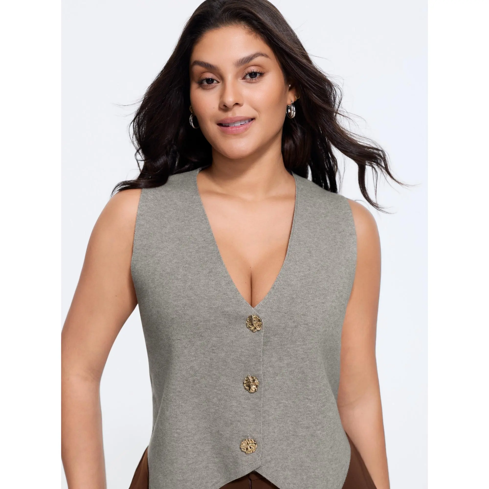 BloomChic Sweater Vest, Plus Size Heather Ribbed Rayon Blend Top for Women, Cropped Sleeveless with Metal Buttons, Fabric, Garment