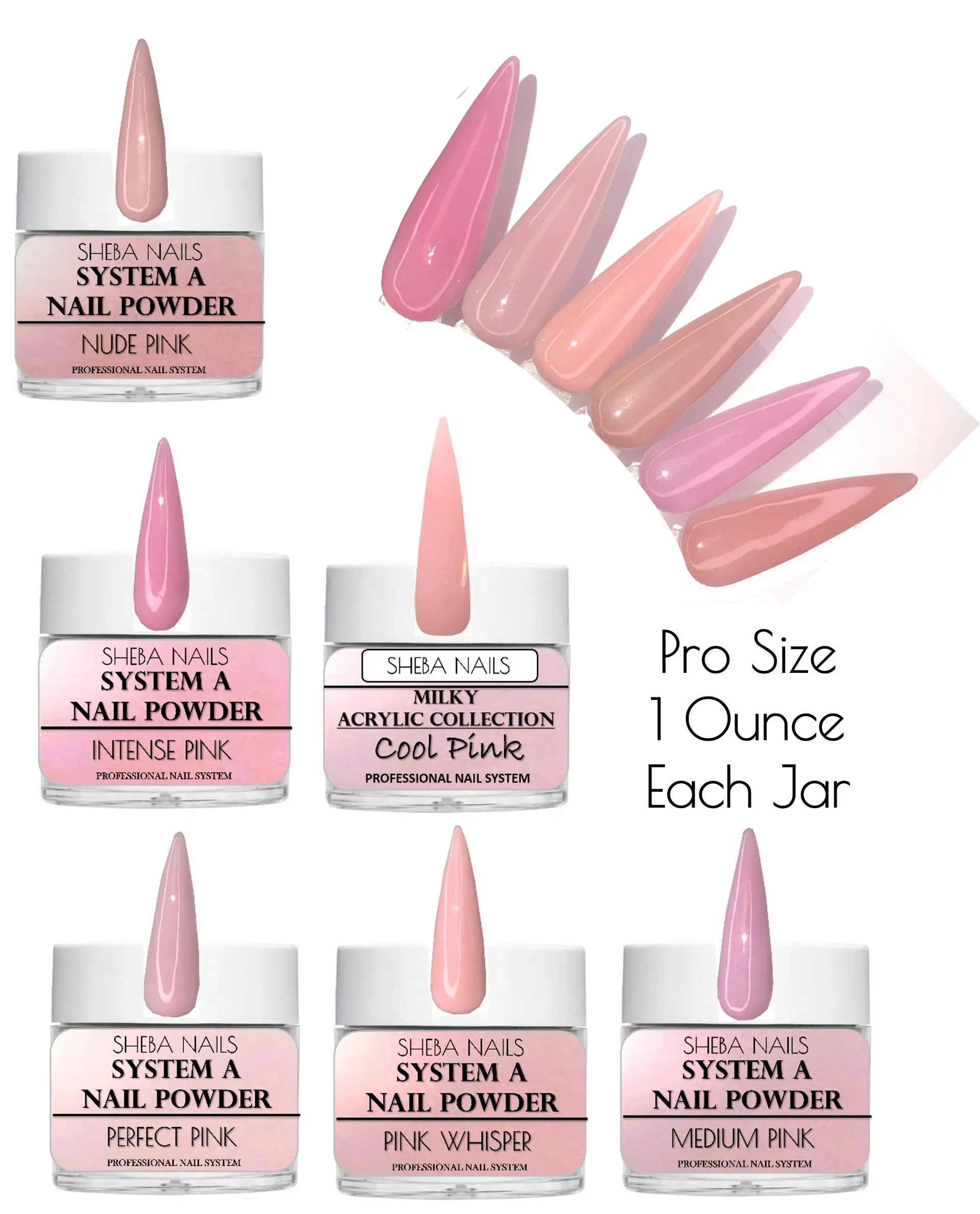 SHEBA NAILS Foundation Pinks Core Acrylic Powder Master Kit - 6 colors - 1 oz. each - Professional Acrylic - Medium Setting - Buttery Consistency - Self-Leveling - Superior Adhesion - MMA Free