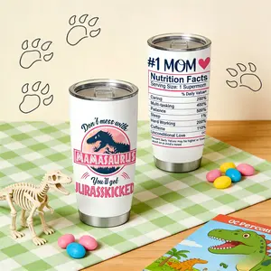 AuraCup 1pc 20oz tumbler with lid and straw, MAMASAURUS dinosaur mom design & #1 MOM nutrition facts print, double wall stainless steel insulated travel drinkware cup for hot cold drinks, cute dino style Christmas New Year Valentine’s Birthday gifts