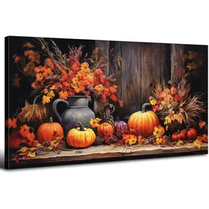 Orange Pumpkin Canvas Wall Art Kitchen Wall Decor Farmhouse Dining Room Pictures Halloween Painting Autumn Flowers Canvas Prints Rustic Fall Harvest Theme Posters Artwork Home Decorations 32x16"