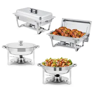 GARVEE 4-Piece Buffet Warmer Kit with 8 QT Rectangular and 5 QT Round Stainless Steel Chafers, Includes Lids, Pans, and Fuel Holders, Ideal for Party and Holiday Catering